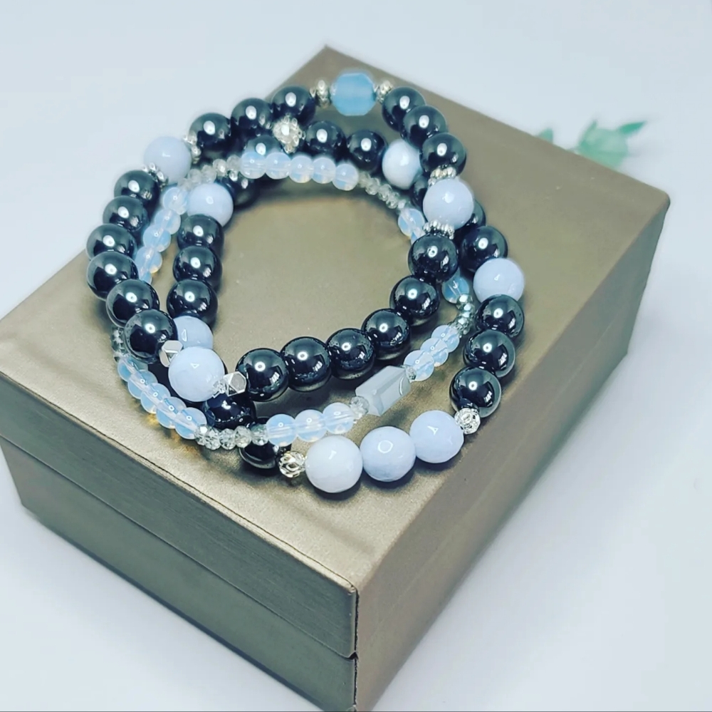 Aquamarine Quartz, Hematite, opalite set bracelets